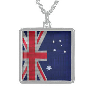 Australian Flag Design Carbon Fiber Chrome Style Sterling Silver Necklace