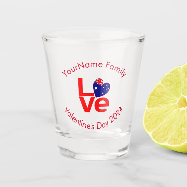 Australian Flag Red Letters LOVE Flag Personalized Shot Glass (Front)