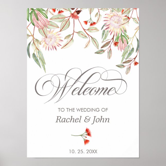 Australian Floral Gray Calligraphy Welcome Wedding Poster (Front)