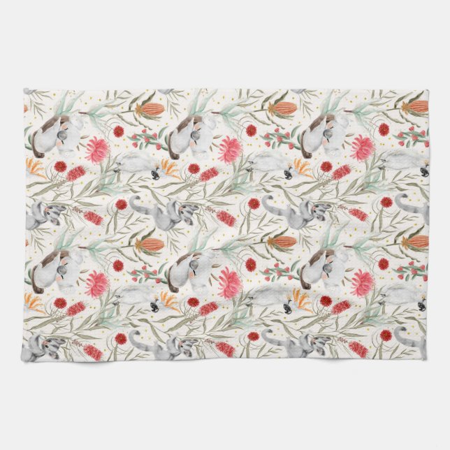 Australian Floral Pattern Koalas Possums Cockatoos Kitchen Towel (Horizontal)