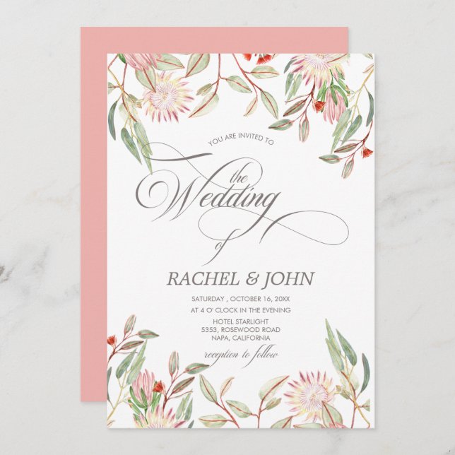 Australian Flowers Calligraphic Script Wedding Invitation (Front/Back)