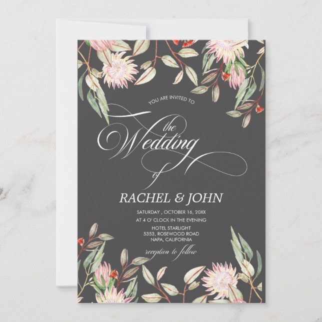Australian Flowers Calligraphic Wedding Monogram Invitation (Front)