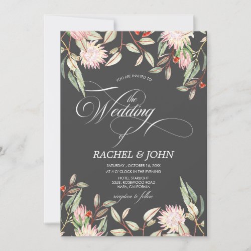 Australian Flowers Calligraphic Wedding Monogram Invitation