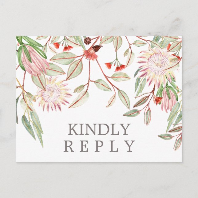 Australian Flowers Rustic Wedding Matching RSVP Postcard (Front)