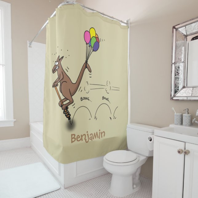 Australian humor kangaroo cartoon illustration shower curtain (In Situ)