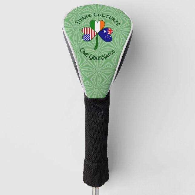 Australian Irish USA Flags Shamrock Personalized  Golf Head Cover (Front)