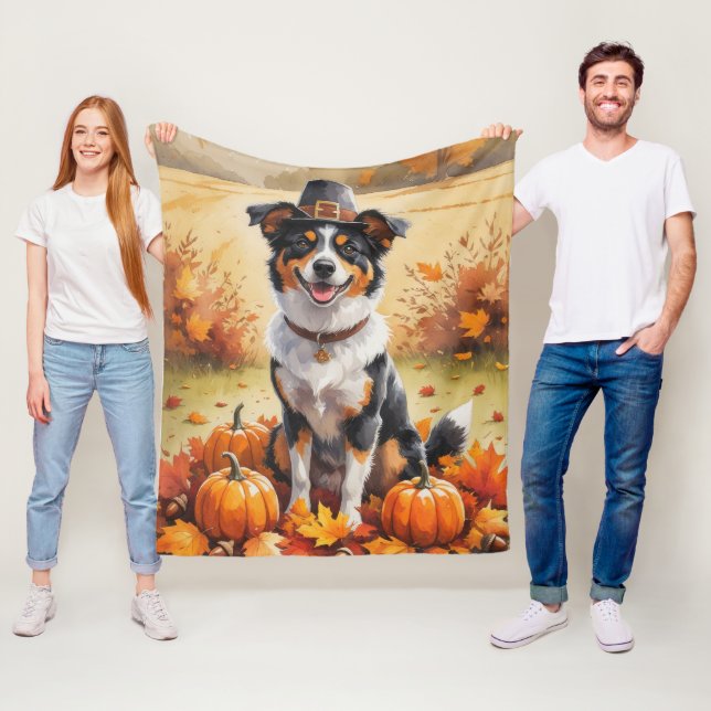 Australian Kelpie Autumn Leaves Thanksgiving Art Fleece Blanket (In Situ)