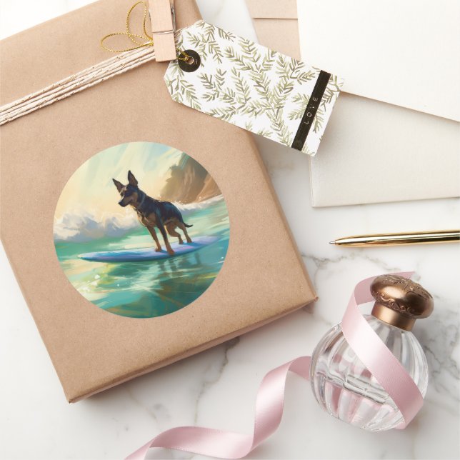 Australian Kelpie Beach Surfing Painting Classic Round Sticker (Gifting)