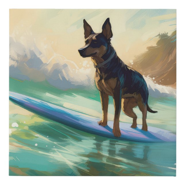 Australian Kelpie Beach Surfing Painting Faux Canvas Print (Front)