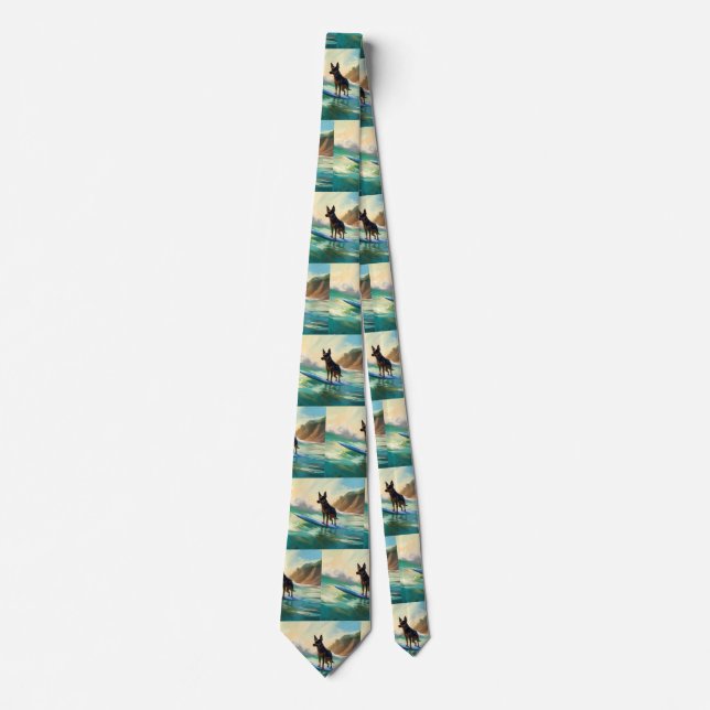 Australian Kelpie Beach Surfing Painting Neck Tie (Front)