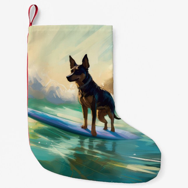 Australian Kelpie Beach Surfing Painting Small Christmas Stocking (Front)