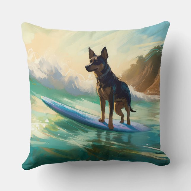 Australian Kelpie Beach Surfing Painting Throw Pillow (Back)
