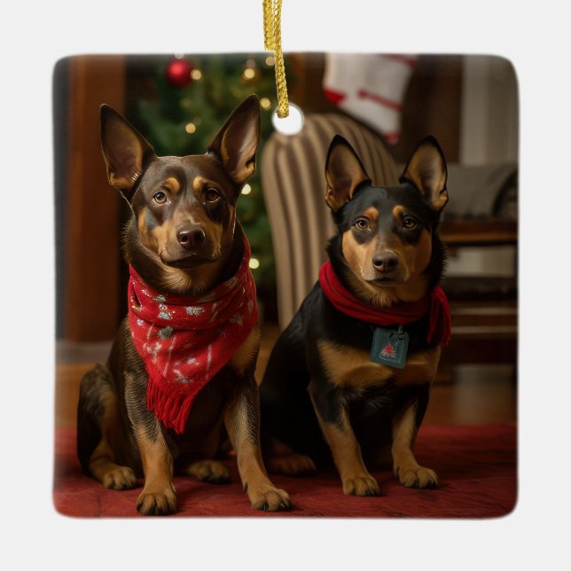 Australian Kelpie by the Fireplace Christmas Ceramic Ornament (Front)