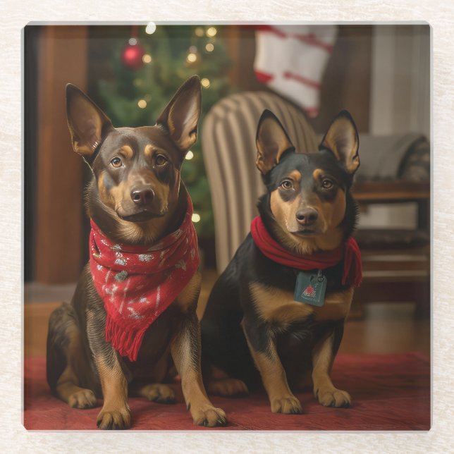 Australian Kelpie by the Fireplace Christmas Glass Coaster (Front)