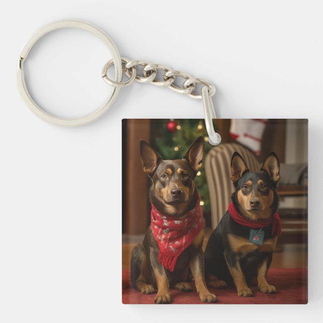 Australian Kelpie by the Fireplace Christmas Keychain (Front)