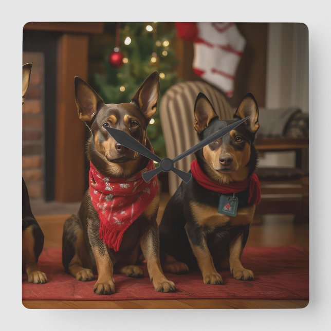 Australian Kelpie by the Fireplace Christmas Square Wall Clock (Front)