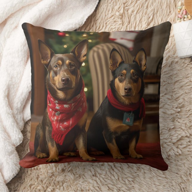 Australian Kelpie by the Fireplace Christmas Throw Pillow (Blanket)