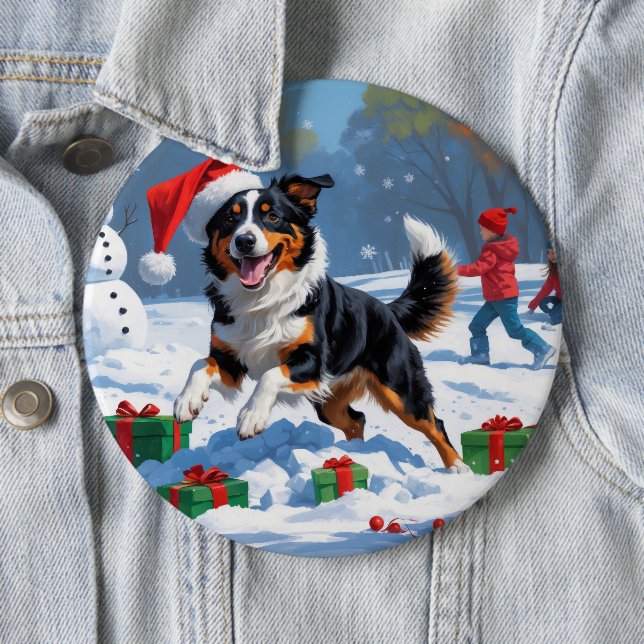 Australian Kelpie Christmas Festive Snow Scene Button (In Situ)