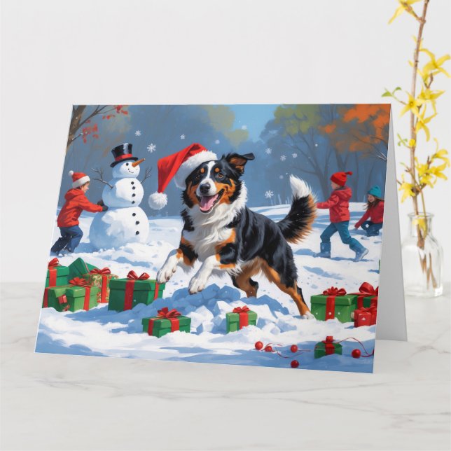 Australian Kelpie Christmas Festive Snow Scene Card (Yellow Flower)