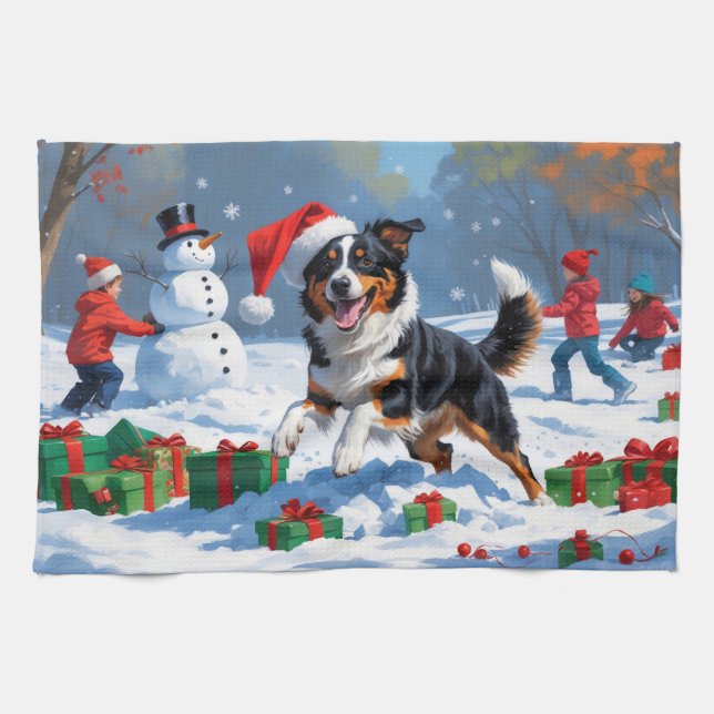 Australian Kelpie Christmas Festive Snow Scene Kitchen Towel (Horizontal)