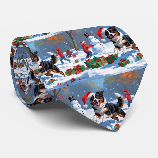 Australian Kelpie Christmas Festive Snow Scene Neck Tie (Rolled)