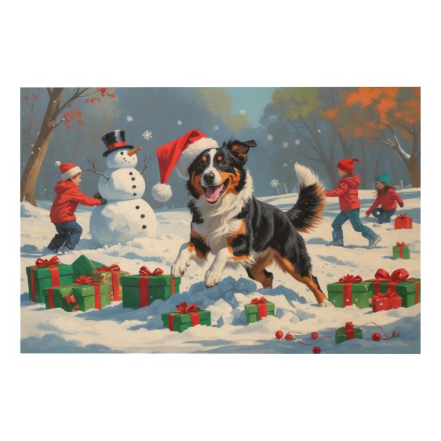 Australian Kelpie Christmas Festive Snow Scene Wood Wall Art (Front)