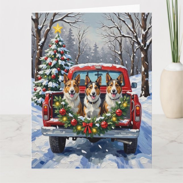 Australian Kelpie Christmas Red Truck Holiday Card (Front)
