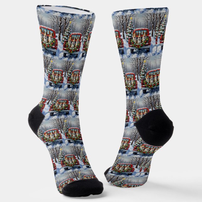 Australian Kelpie Christmas Red Truck Holiday Socks (Angled)