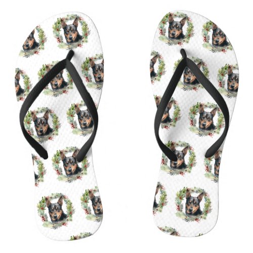 Australian Kelpie Christmas Wreath Festive Pup  Flip Flops