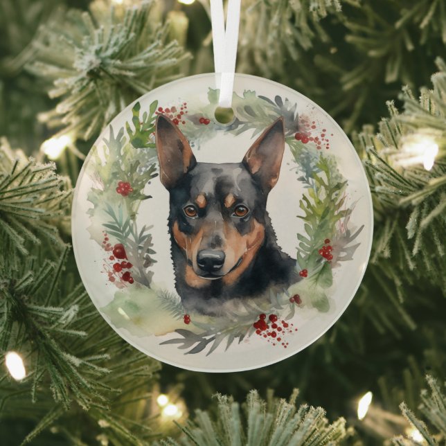 Australian Kelpie Christmas Wreath Festive Pup  Glass Ornament (Insitu)
