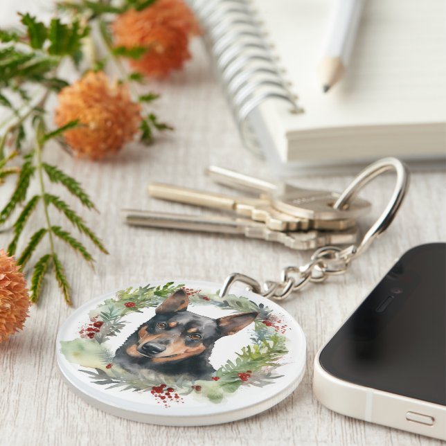 Australian Kelpie Christmas Wreath Festive Pup  Keychain (Front Right)