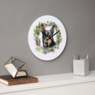 Australian Kelpie Christmas Wreath Festive Pup Large Clock