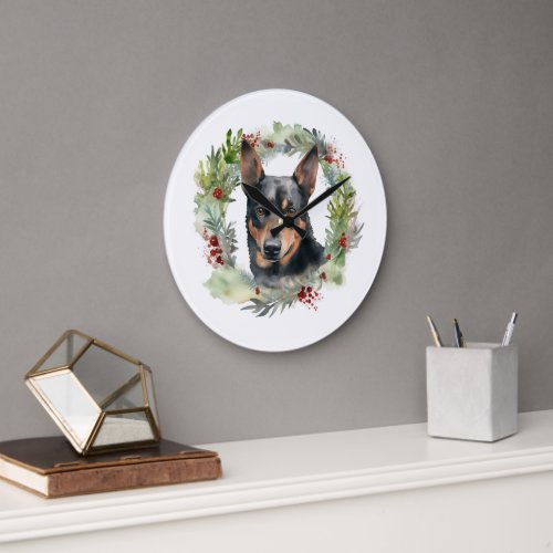 Australian Kelpie Christmas Wreath Festive Pup  Large Clock