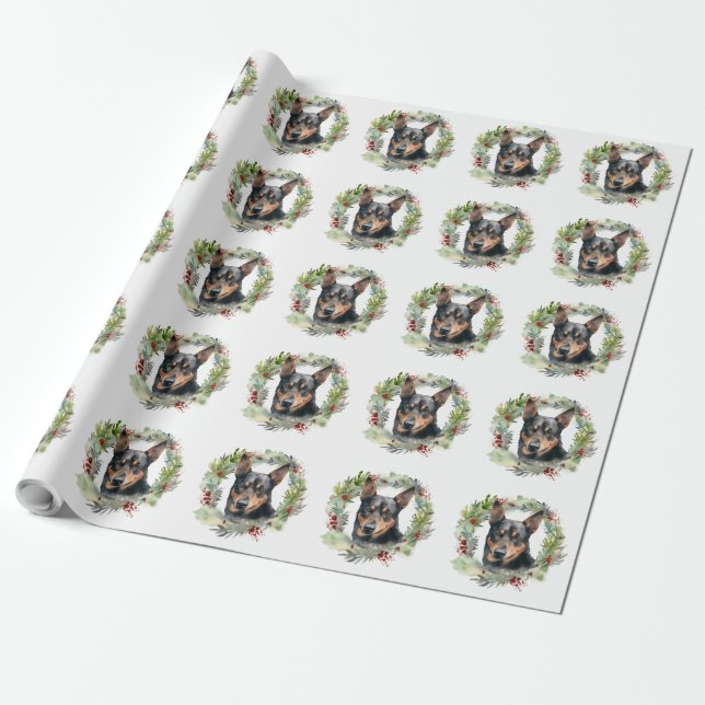 Australian Kelpie Christmas Wreath Festive Pup  Wrapping Paper (Unrolled)