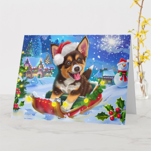 Australian Kelpie Dog in Sleigh Snow Christmas Card (Yellow Flower)