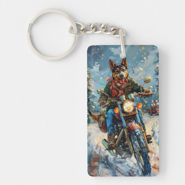 Australian Kelpie Dog Riding Motorcycle Christmas Keychain (Front)