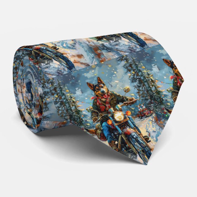 Australian Kelpie Dog Riding Motorcycle Christmas Neck Tie (Rolled)