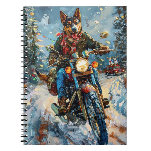 Australian Kelpie Dog Riding Motorcycle Christmas Notebook (Front)