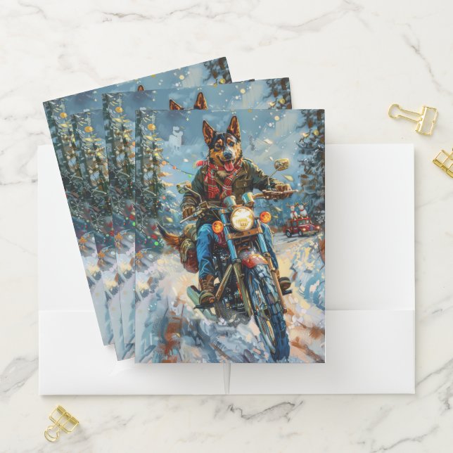 Australian Kelpie Dog Riding Motorcycle Christmas Pocket Folder (In Situ)