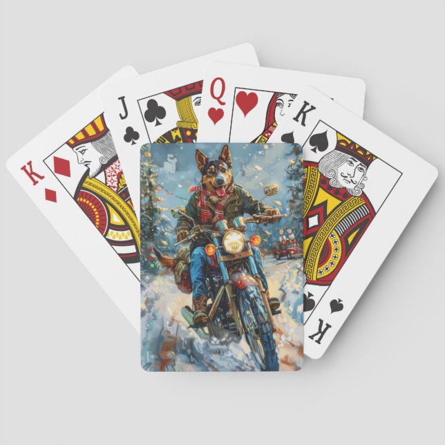 Australian Kelpie Dog Riding Motorcycle Christmas Poker Cards (Back)