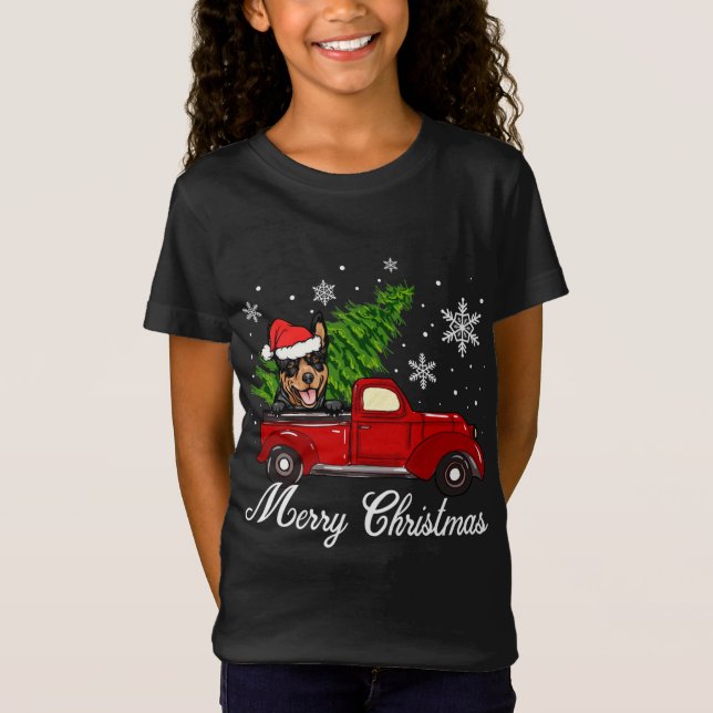 Australian Kelpie Dog Riding Red Truck Christmas P T-Shirt (Front)