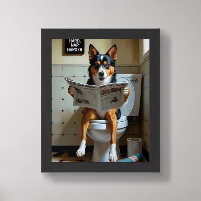 australian kelpie Dog Sitting On Toilet Funny  Framed Art (Framed Front)
