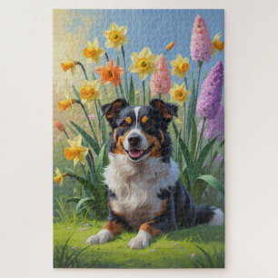 Australian Kelpie Dog Spring Flowers Painting Jigsaw Puzzle
