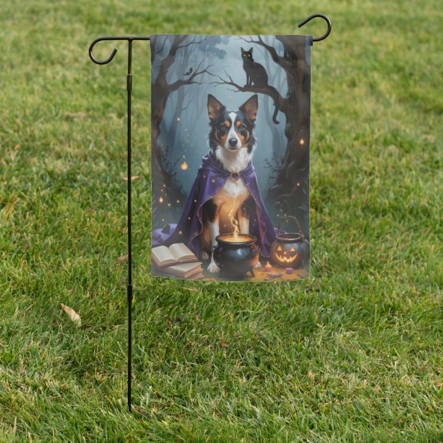 Australian Kelpie Dog Whimsical Halloween Painting Garden Flag (In SItu)