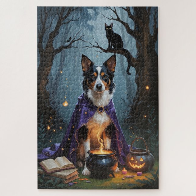 Australian Kelpie Dog Whimsical Halloween Painting Jigsaw Puzzle (Vertical)