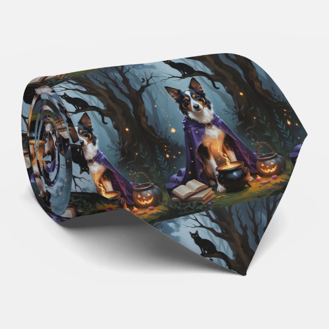 Australian Kelpie Dog Whimsical Halloween Painting Neck Tie (Rolled)