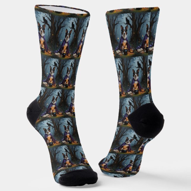 Australian Kelpie Dog Whimsical Halloween Painting Socks (Angled)