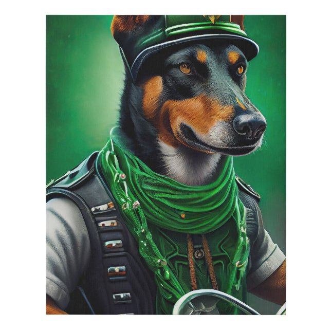 Australian Kelpie driving bike St. Patrick's Day Faux Canvas Print (Front)