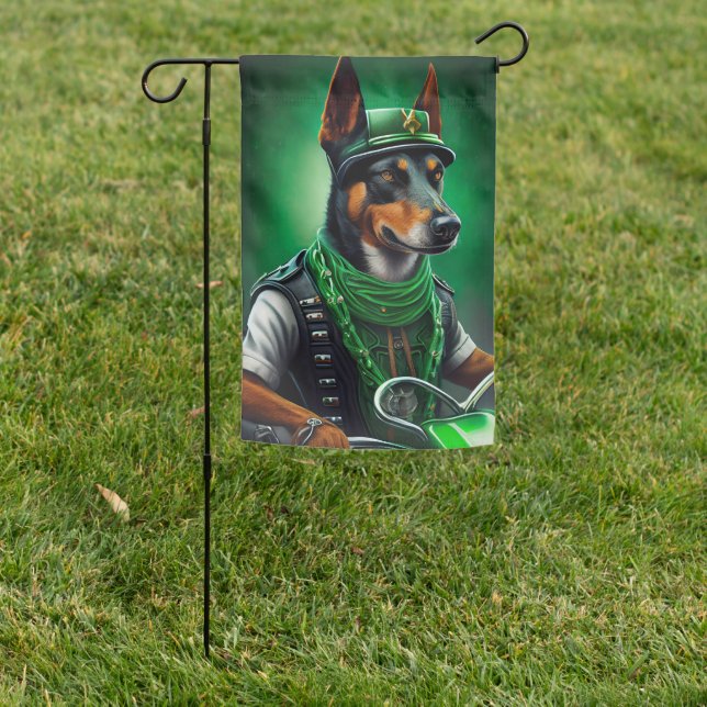 Australian Kelpie driving bike St. Patrick's Day Garden Flag (In SItu)