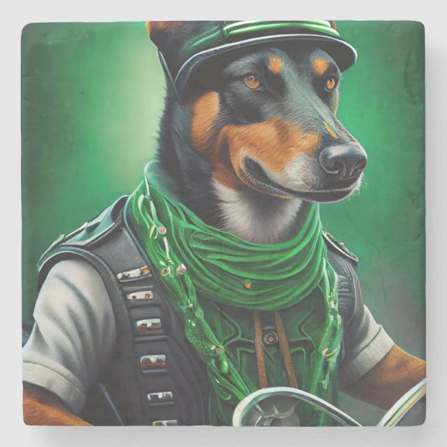 Australian Kelpie driving bike St. Patrick's Day Stone Coaster (Front)
